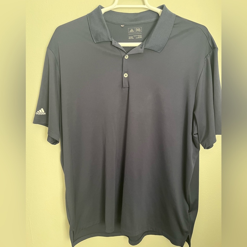 -Adidas Polo Shirt Men Blue 2XL Short Sleeve Logo On Sleeve Casual Wicking
